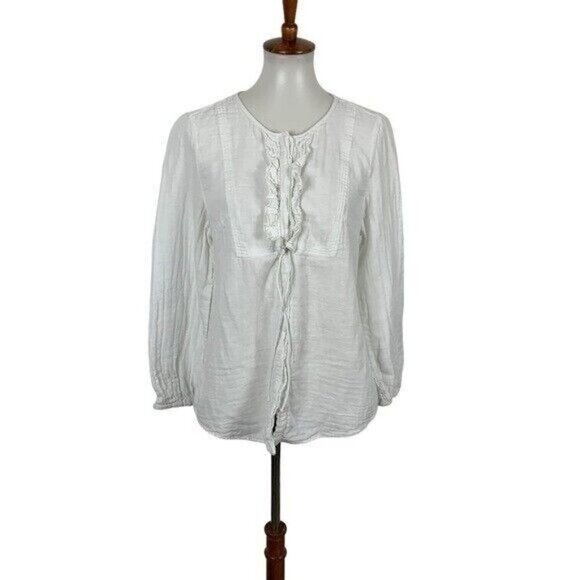 Poetry White Cotton Long Sleeve Ruffle Front Textured Boho Blouse UK 16 US L - Picture 1 of 6